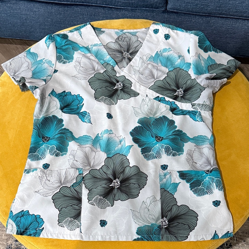 Teal and Gray Floral V-Neck Scrub Top